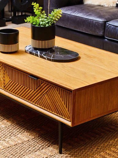 Natural Carved Effect 2-Drawer Coffee Table with Metal Legs | Jakara