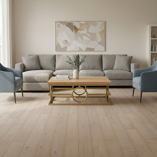Natural Oak Wood Rectangular Coffee Table with Gold Finish | Jarloi