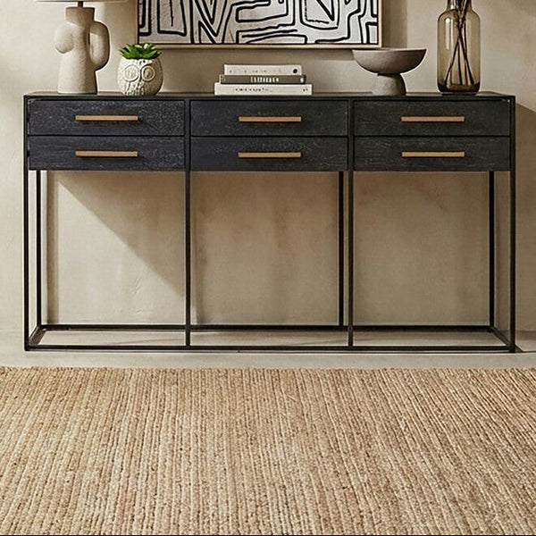 Black Finish 6-Drawer Coffee Table with Metallic Handles and Iron Frame | Judd