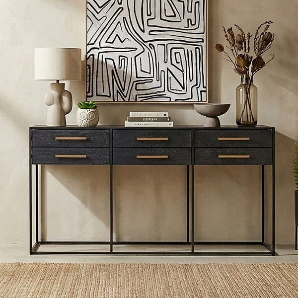 Black Finish 6-Drawer Coffee Table with Metallic Handles and Iron Frame | Judd