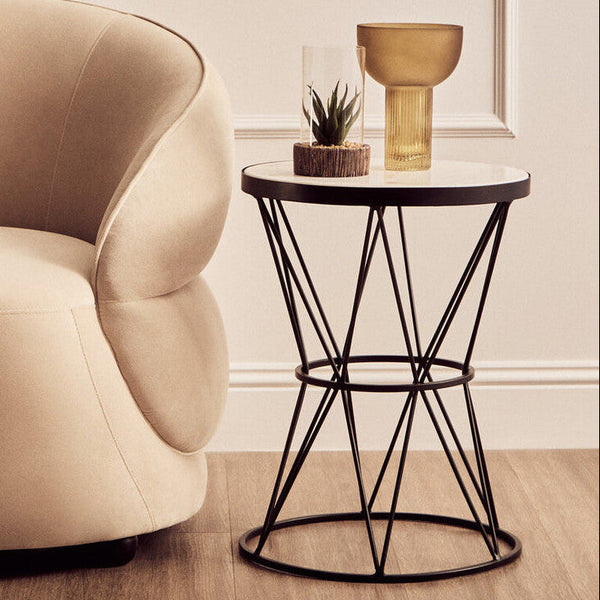 Shalimar White Marble and Black Finish Side Table with Hourglass Base