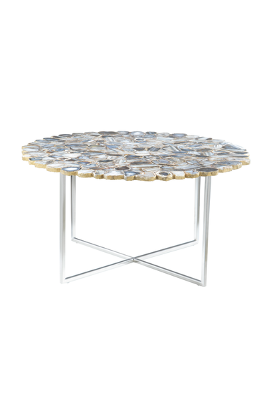 Silver and Assorted Agate Stone Top Coffee Table with Stainless Steel Cross Legs | Rabia