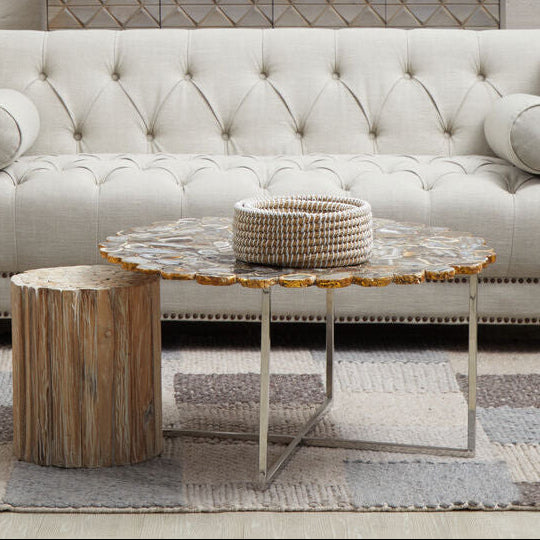 Silver and Assorted Agate Stone Top Coffee Table with Stainless Steel Cross Legs | Rabia