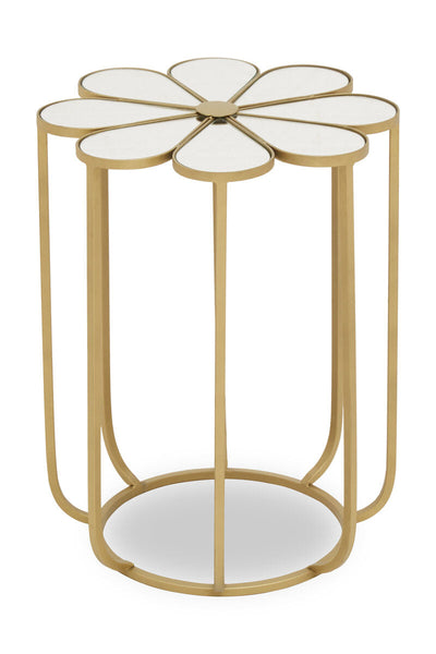 White and Gold Iron Frame Side Table with Petal Design Mirrored Top | Rabia