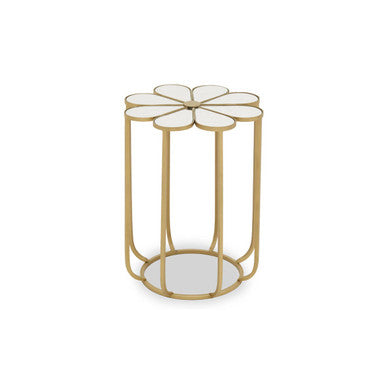 White and Gold Iron Frame Side Table with Petal Design Mirrored Top | Rabia