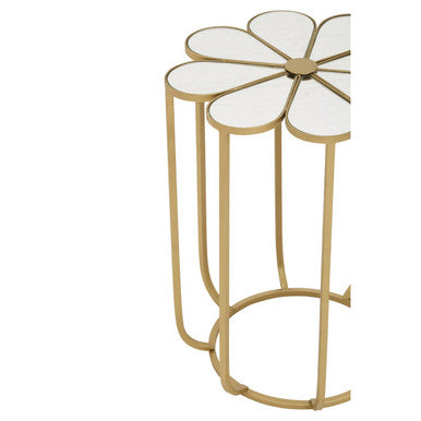 White and Gold Iron Frame Side Table with Petal Design Mirrored Top | Rabia