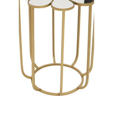White and Gold Iron Frame Side Table with Petal Design Mirrored Top | Rabia