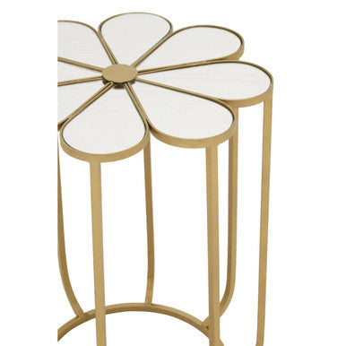 White and Gold Iron Frame Side Table with Petal Design Mirrored Top | Rabia