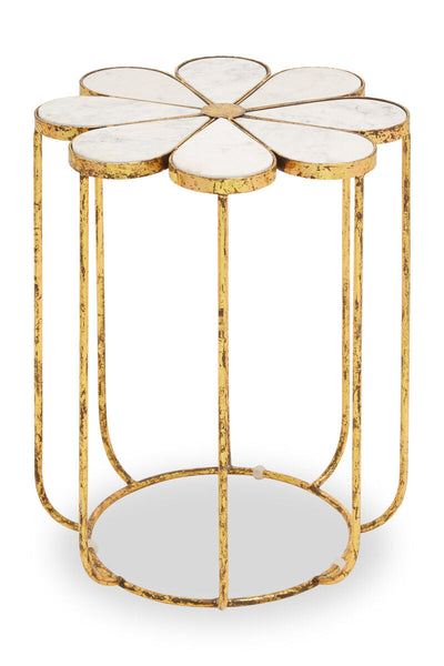 White Polished Marble Top Side Table with Petal Design Openwork Base | Rabia