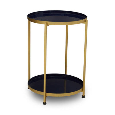 Blue Enamel Metal Two-Tier Side Table with Brass Finish Frame | Rabia