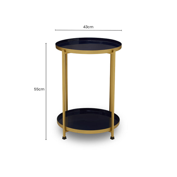 Blue Enamel Metal Two-Tier Side Table with Brass Finish Frame | Rabia