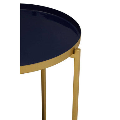 Blue Enamel Metal Two-Tier Side Table with Brass Finish Frame | Rabia
