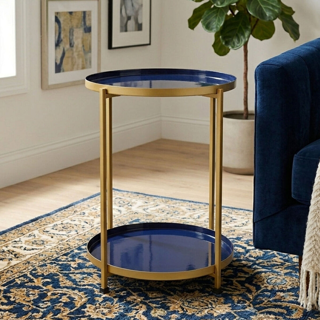 Blue Enamel Metal Two-Tier Side Table with Brass Finish Frame | Rabia