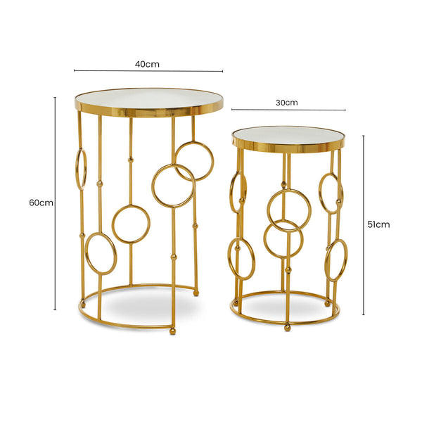 Gold Warm Metallic Finish Set of 2 Side Table with Multi Circle Pattern | Rabia