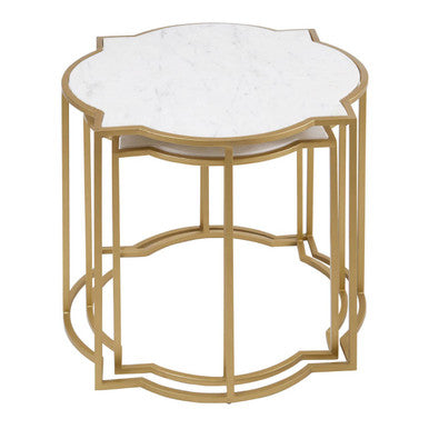 White Marble Quatrefoil Top Set of 2 Side Table with Brass Finish Frames | Rabia