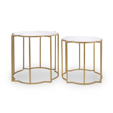 White Marble Quatrefoil Top Set of 2 Side Table with Brass Finish Frames | Rabia