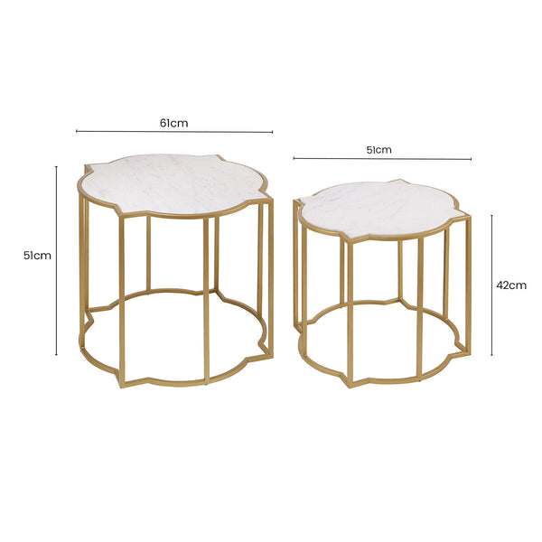 White Marble Quatrefoil Top Set of 2 Side Table with Brass Finish Frames | Rabia