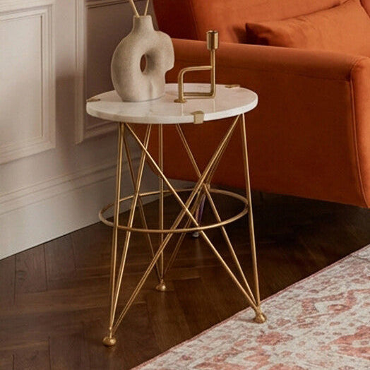 Rabia White Marble Side Table with Brass Finish Frame