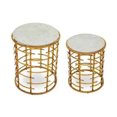 Set of 2 White Marble Tops Round Nesting Tables with Gold Metallic Base | Rabia