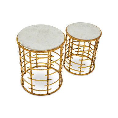 Set of 2 White Marble Tops Round Nesting Tables with Gold Metallic Base | Rabia