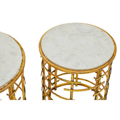 Set of 2 White Marble Tops Round Nesting Tables with Gold Metallic Base | Rabia