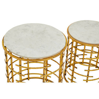 Set of 2 White Marble Tops Round Nesting Tables with Gold Metallic Base | Rabia