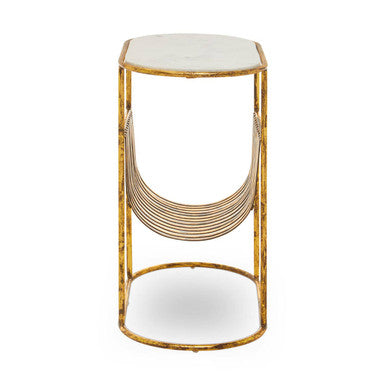 White Marble Top Side Table with Curved Magazine Rack and Gold Metallic Frame | Rabia