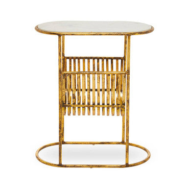 White Marble Top Side Table with Curved Magazine Rack and Gold Metallic Frame | Rabia