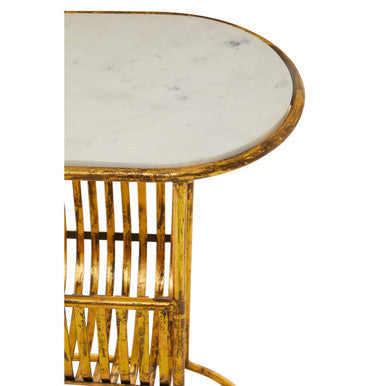 White Marble Top Side Table with Curved Magazine Rack and Gold Metallic Frame | Rabia