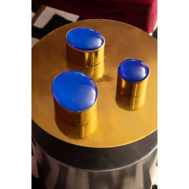 Grey Metal Straight Base Accent Table with Warm Metallic Gold Top | Rabia