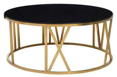 Alana Black Glass Round Coffee Table with Brushed Gold Finish Frame