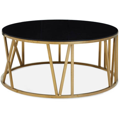 Alana Black Glass Round Coffee Table with Brushed Gold Finish Frame