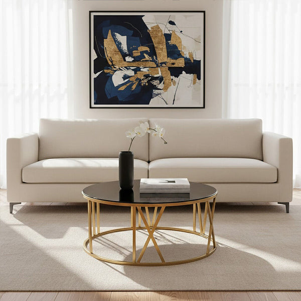 Alana Black Glass Round Coffee Table with Brushed Gold Finish Frame