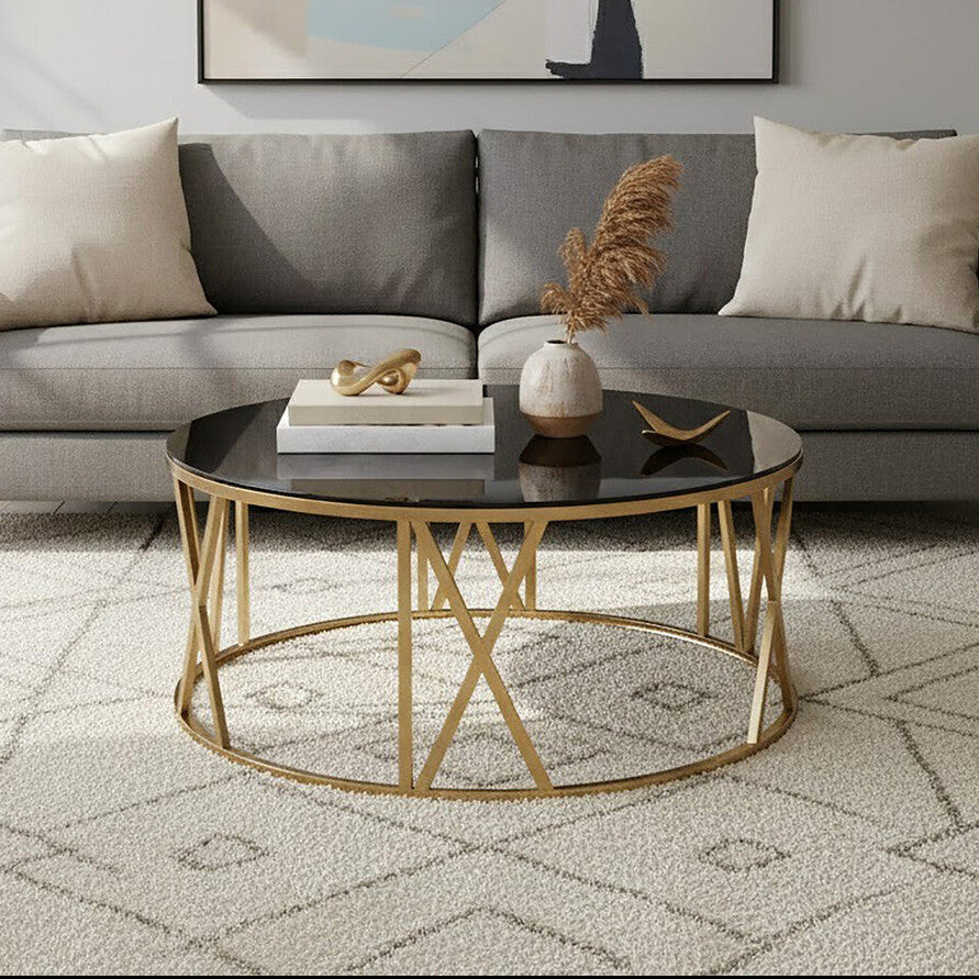 Alana Black Glass Round Coffee Table with Brushed Gold Finish Frame