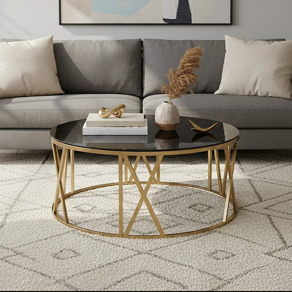 Alana Black Glass Round Coffee Table with Brushed Gold Finish Frame