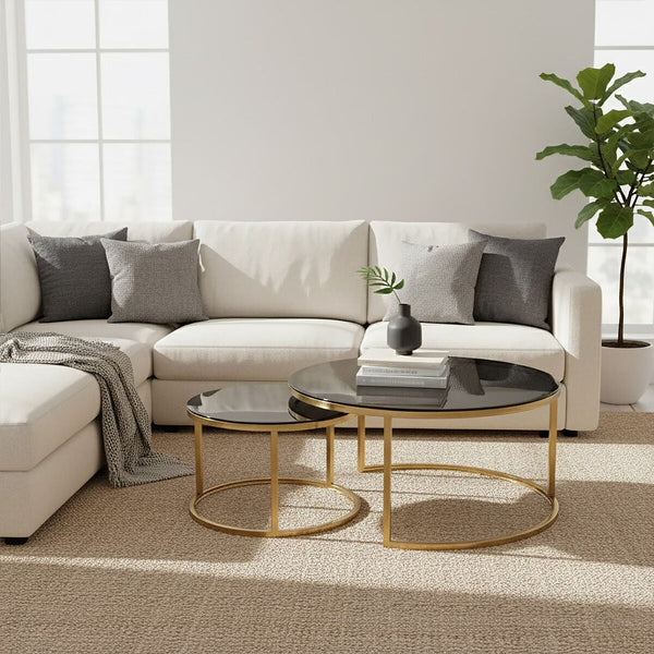 Alana Black Glass and Brushed Gold Finish Set of 2 Nesting Coffee Tables