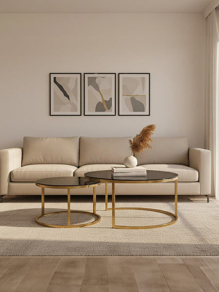 Alana Black Glass and Brushed Gold Finish Set of 2 Nesting Coffee Tables
