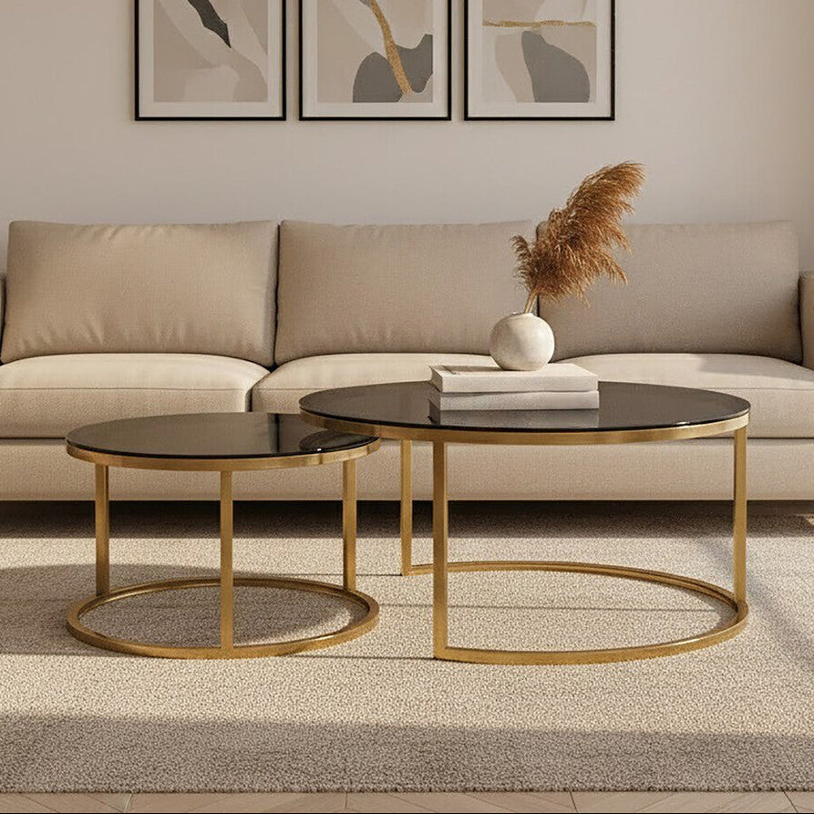 Alana Black Glass and Brushed Gold Finish Set of 2 Nesting Coffee Tables