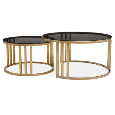 Alana Black Glass Top and Brushed Gold Finish Set of 2 Nesting Coffee Tables