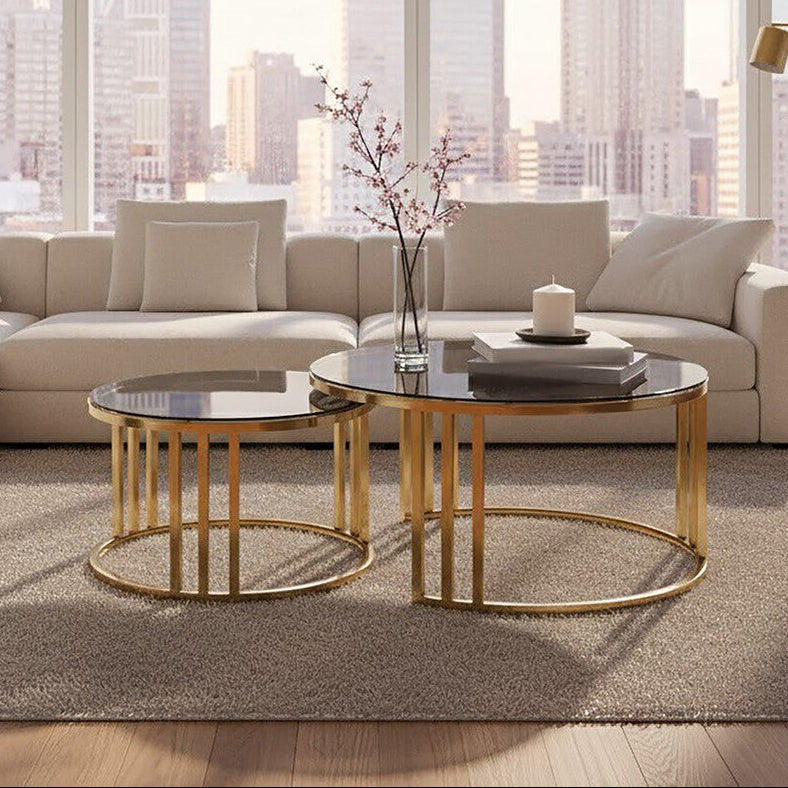 Alana Black Glass Top and Brushed Gold Finish Set of 2 Nesting Coffee Tables