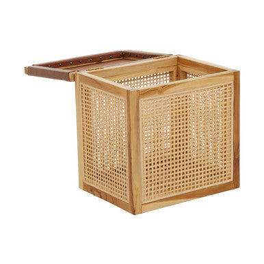 Kendari Natural Rattan and Antique Brown Leather Storage Box Side Table