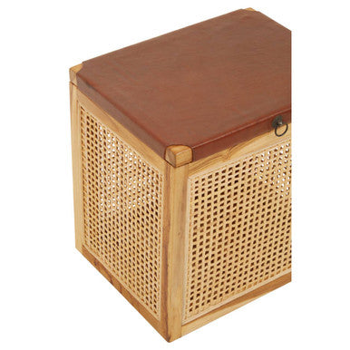 Kendari Natural Rattan and Antique Brown Leather Storage Box Side Table