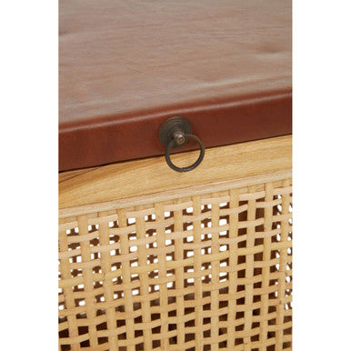 Kendari Natural Rattan and Antique Brown Leather Storage Box Side Table