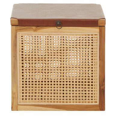Kendari Natural Rattan and Antique Brown Leather Storage Box Side Table