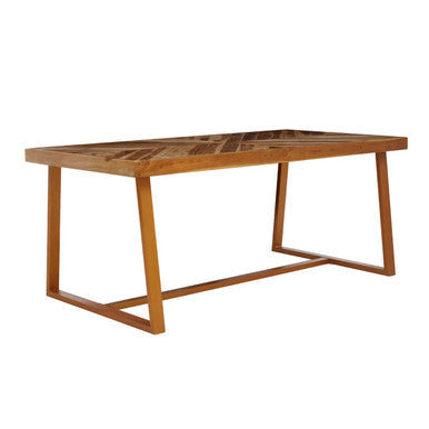 Natural Teak Wood Dining Table with Herringbone Top and Gold Finish Metal Frame | Kendari