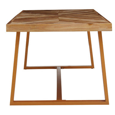 Natural Teak Wood Dining Table with Herringbone Top and Gold Finish Metal Frame | Kendari
