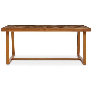 Natural Teak Wood Dining Table with Herringbone Top and Gold Finish Metal Frame | Kendari