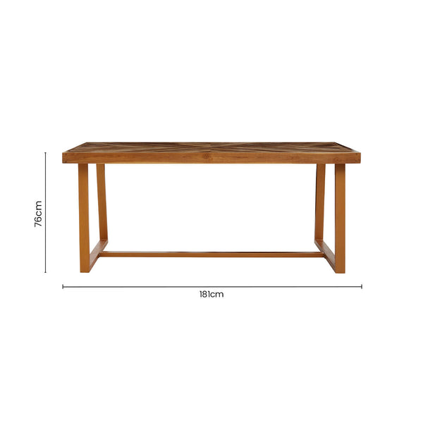 Natural Teak Wood Dining Table with Herringbone Top and Gold Finish Metal Frame | Kendari