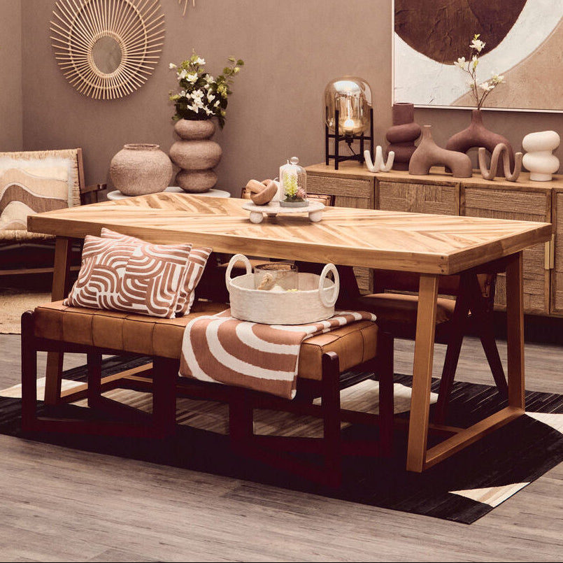 Natural Teak Wood Dining Table with Herringbone Top and Gold Finish Metal Frame | Kendari