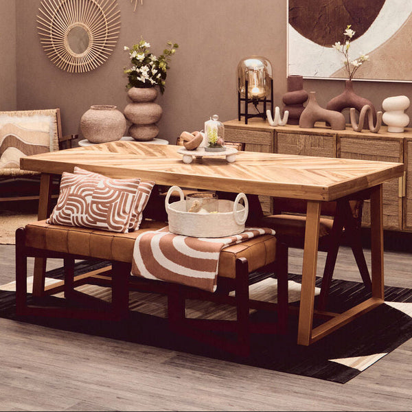 Natural Teak Wood Dining Table with Herringbone Top and Gold Finish Metal Frame | Kendari